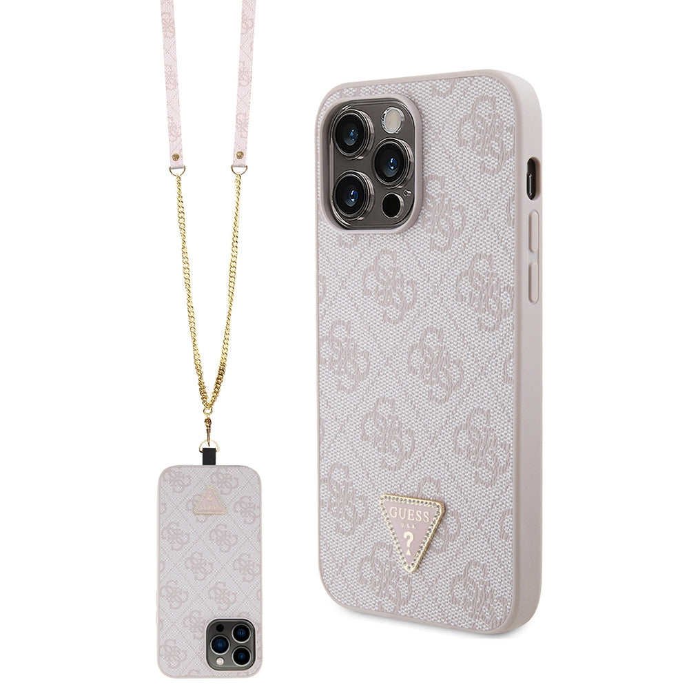 Apple iPhone 14 Pro Max Kılıf Guess Orjinal Lisanslı PU Deri Taşlı Metal Üçgen Logolu Çapraz Vücut Askılı 4G Desenli Kapak Pembe