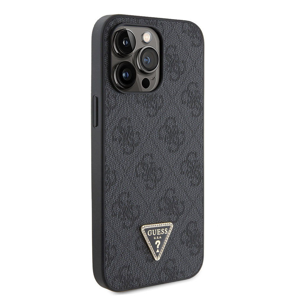 Apple iPhone 14 Pro Max Kılıf Guess Orjinal Lisanslı PU Deri Taşlı Metal Üçgen Logolu Çapraz Vücut Askılı 4G Desenli Kapak Siyah