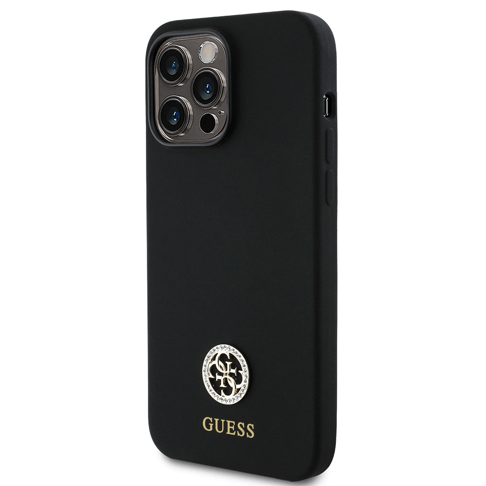 Apple iPhone 14 Pro Max Kılıf Guess Orjinal Lisanslı Yazı ve Taşlı 4G Logolu Silikon Kapak Siyah