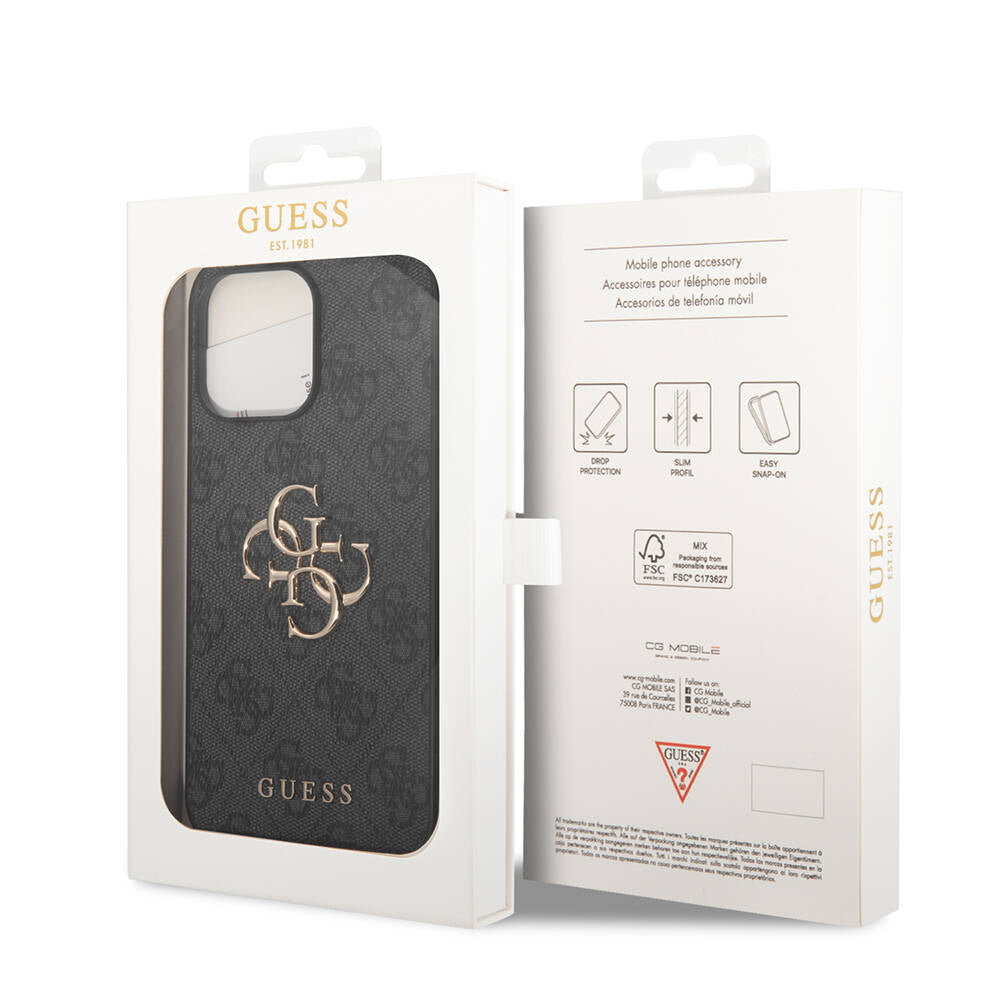 Apple iPhone 14 Pro Max Kılıf GUESS PU Deri Büyük Metal Logo Dizaynlı Kapak Kahverengi