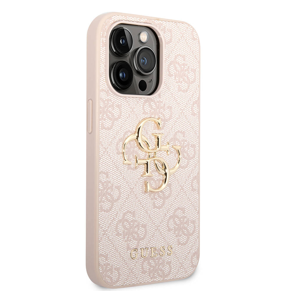 Apple iPhone 14 Pro Max Kılıf GUESS PU Deri Büyük Metal Logo Dizaynlı Kapak Pembe