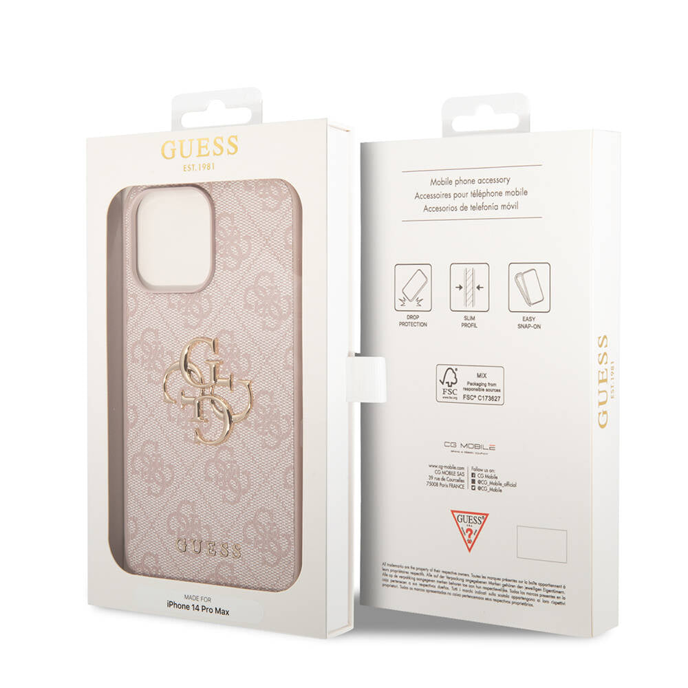 Apple iPhone 14 Pro Max Kılıf GUESS PU Deri Büyük Metal Logo Dizaynlı Kapak Pembe