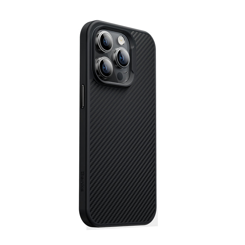 iPhone 14 Pro Max Kılıf Karbon Fiber Magsafe Şarj Özellikli Benks 600D Hybrid Kevlar Kılıf Siyah