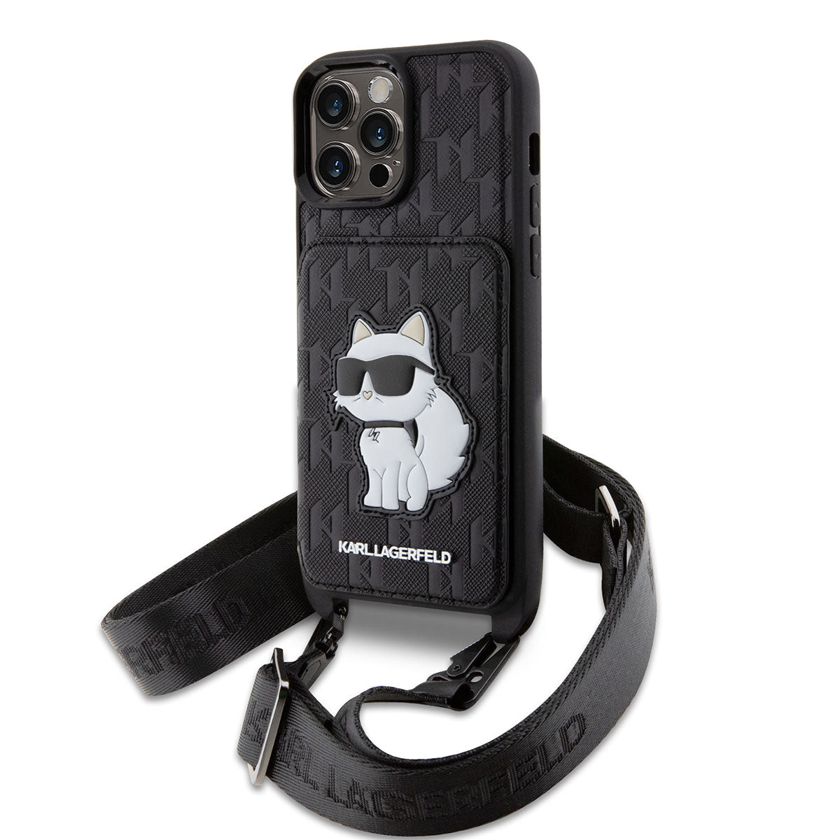 iPhone 14 Pro Max Kılıf Karl Lagerfeld Boyun Askılı Kartlıklı Choupette Dizayn Kılıf Siyah