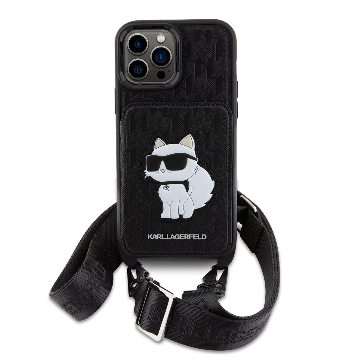 iPhone 14 Pro Max Kılıf Karl Lagerfeld Boyun Askılı Kartlıklı Choupette Dizayn Kılıf Siyah