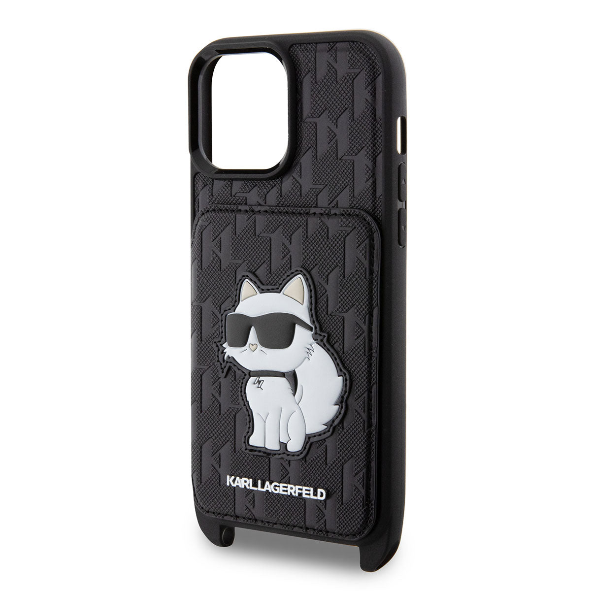 iPhone 14 Pro Max Kılıf Karl Lagerfeld Boyun Askılı Kartlıklı Choupette Dizayn Kılıf Siyah