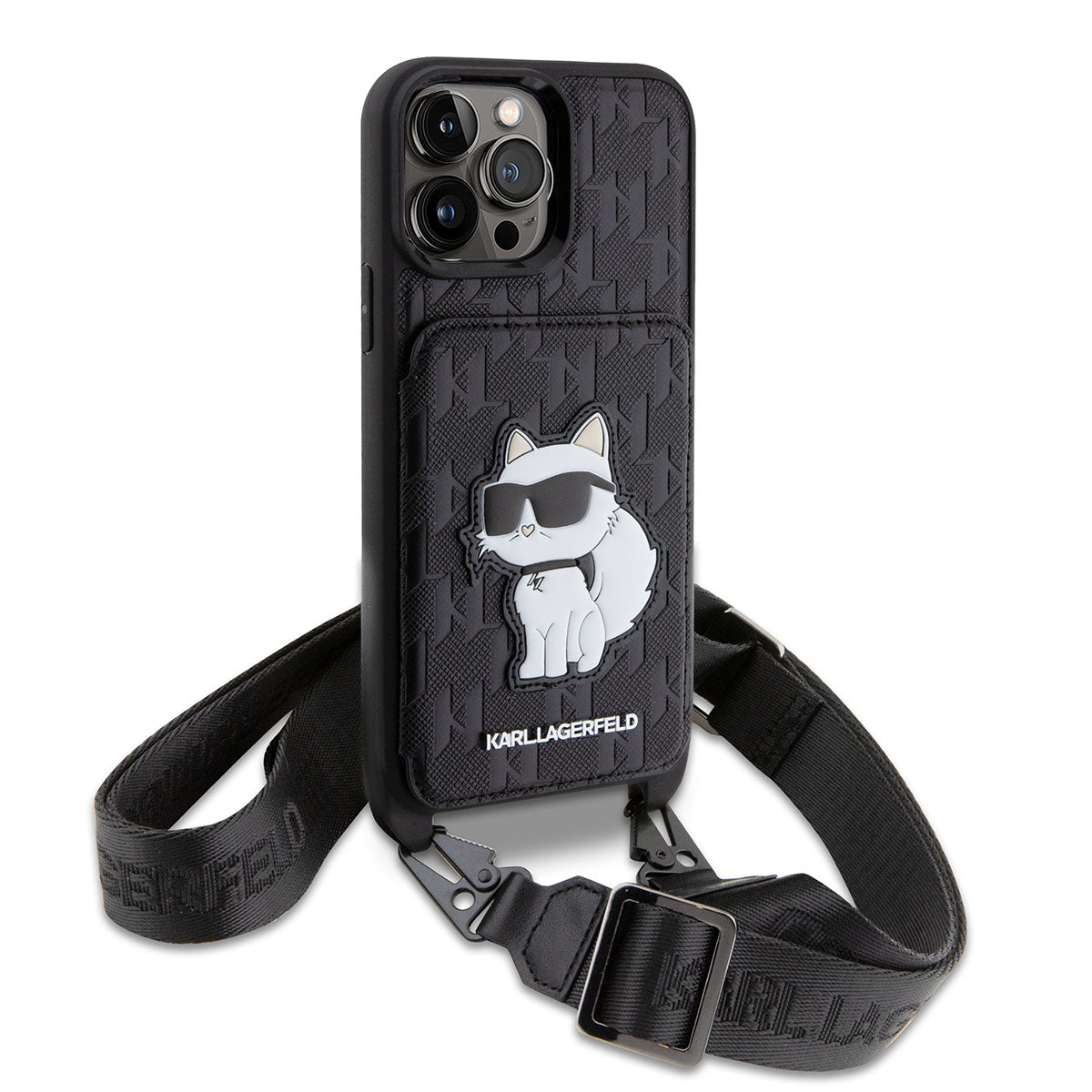 iPhone 14 Pro Max Kılıf Karl Lagerfeld Boyun Askılı Kartlıklı Choupette Dizayn Kılıf Siyah