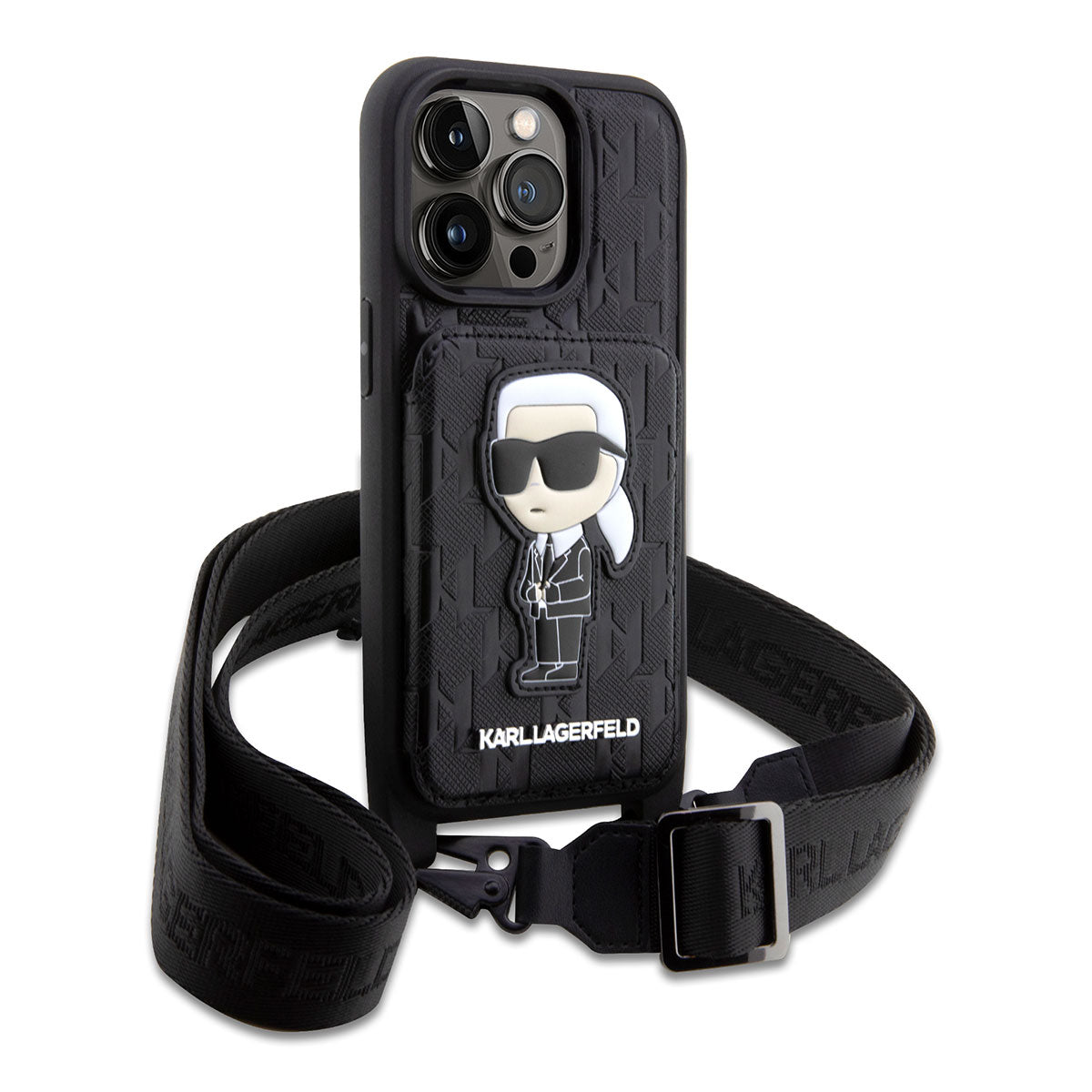 iPhone 14 Pro Max Kılıf Karl Lagerfeld Boyun Askılı Kartlıklı Karl Dizayn Kılıf Siyah