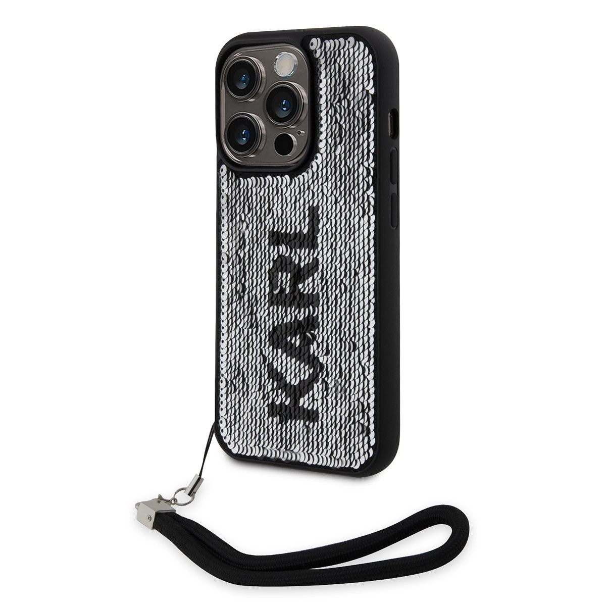 iPhone 14 Pro Max Kılıf Karl Lagerfeld El Askısı İpli Hareketli Pullu Dizayn Kılıf Siyah-Gümüş