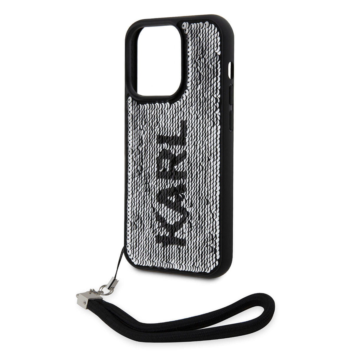 iPhone 14 Pro Max Kılıf Karl Lagerfeld El Askısı İpli Hareketli Pullu Dizayn Kılıf Siyah-Gümüş