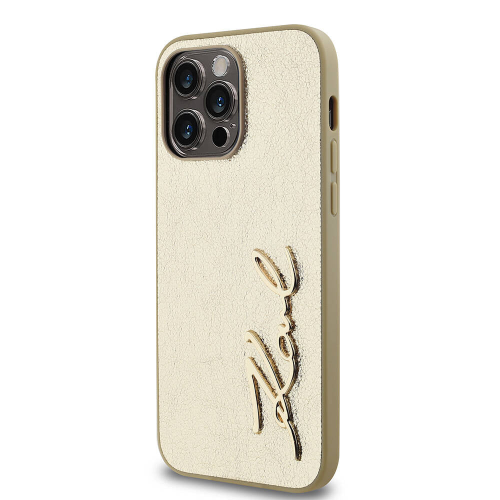 iPhone 14 Pro Max Kılıf Karl Lagerfeld Orjinal Lisanslı 3D KL Yazılı Tüylü Arka Yüzey Saffiano Rhinestones Kılıf Pembe