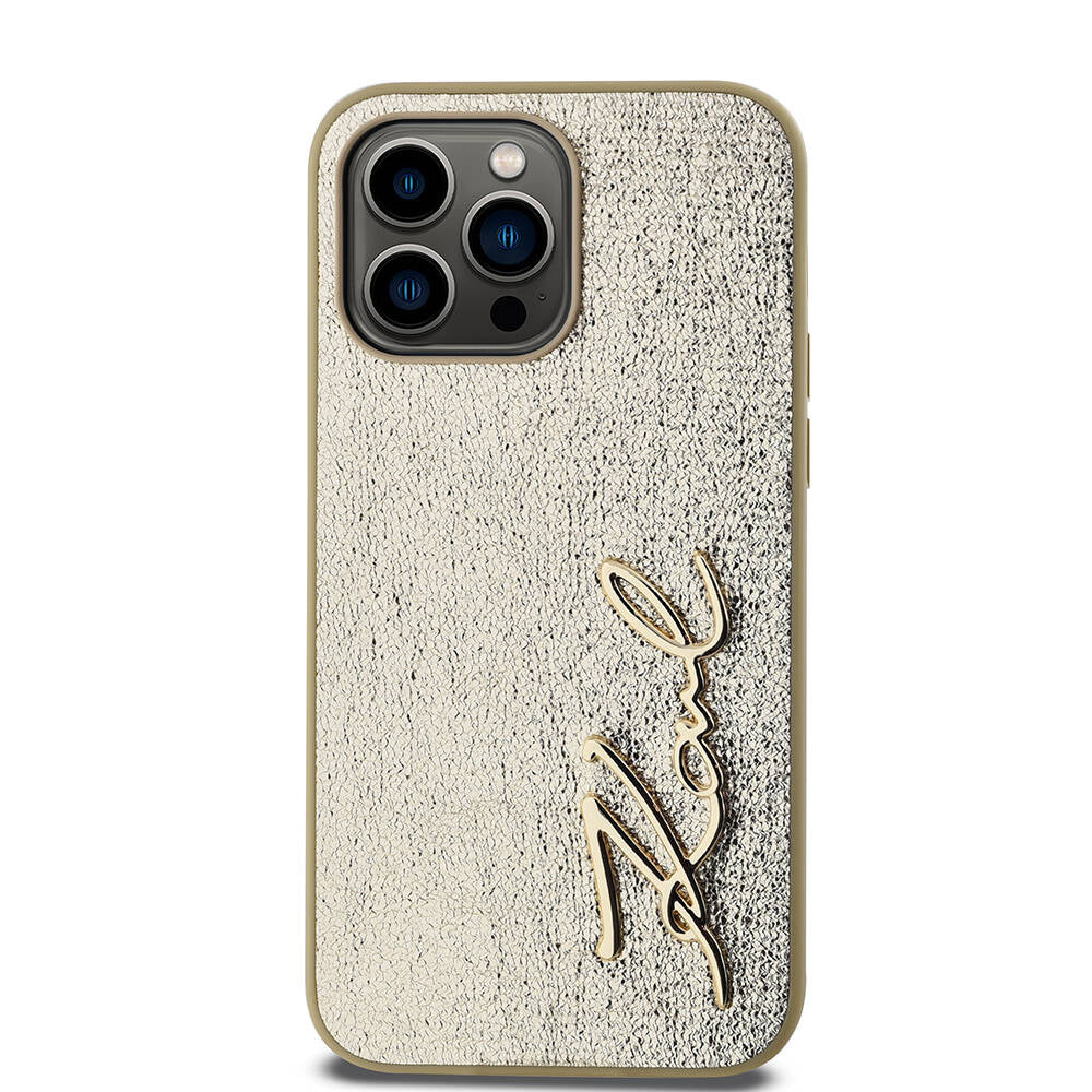 iPhone 14 Pro Max Kılıf Karl Lagerfeld Orjinal Lisanslı 3D KL Yazılı Tüylü Arka Yüzey Saffiano Rhinestones Kılıf Gold