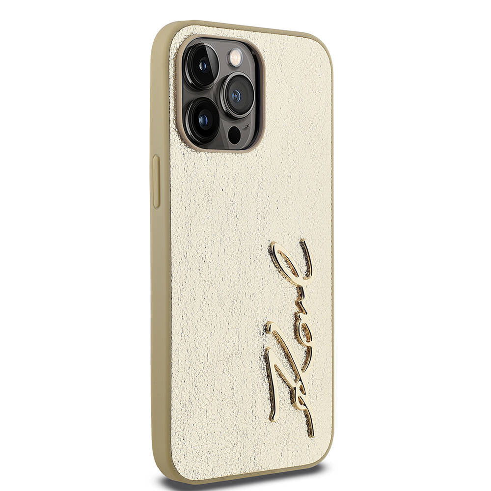 iPhone 14 Pro Max Kılıf Karl Lagerfeld Orjinal Lisanslı 3D KL Yazılı Tüylü Arka Yüzey Saffiano Rhinestones Kılıf Pembe