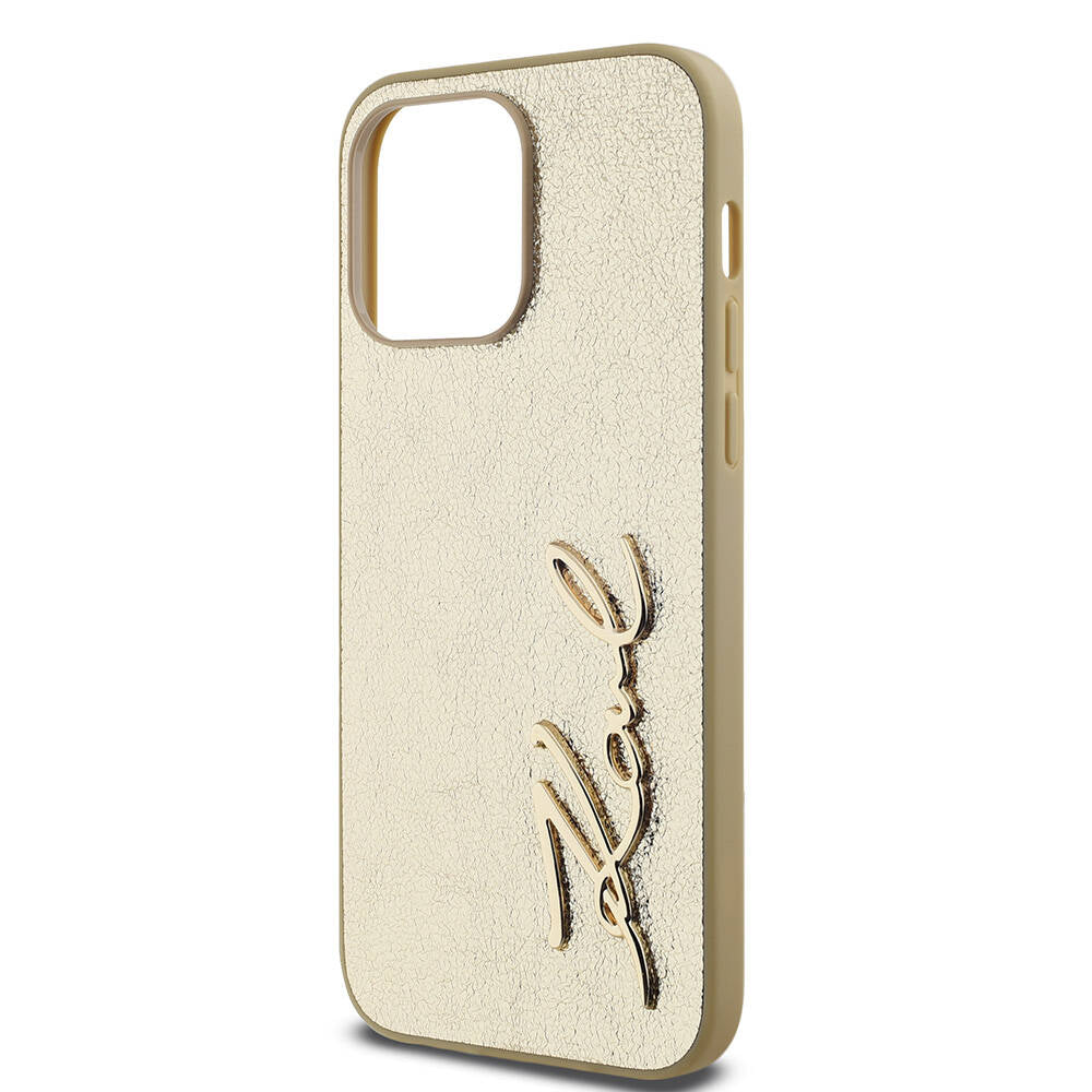 iPhone 14 Pro Max Kılıf Karl Lagerfeld Orjinal Lisanslı 3D KL Yazılı Tüylü Arka Yüzey Saffiano Rhinestones Kılıf Pembe