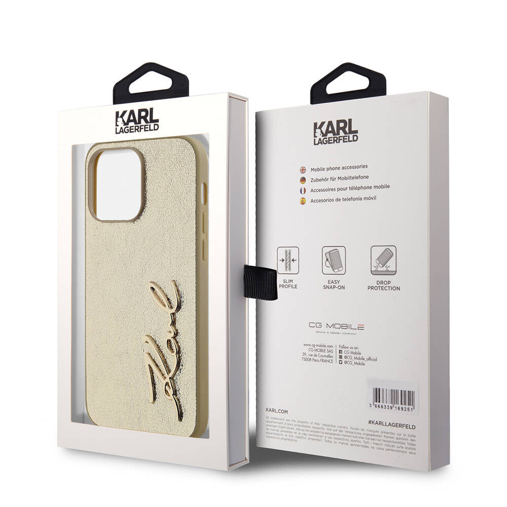 iPhone 14 Pro Max Kılıf Karl Lagerfeld Orjinal Lisanslı 3D KL Yazılı Tüylü Arka Yüzey Saffiano Rhinestones Kılıf Pembe