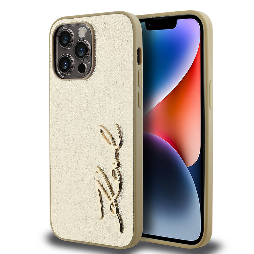 iPhone 14 Pro Max Kılıf Karl Lagerfeld Orjinal Lisanslı 3D KL Yazılı Tüylü Arka Yüzey Saffiano Rhinestones Kılıf Gold