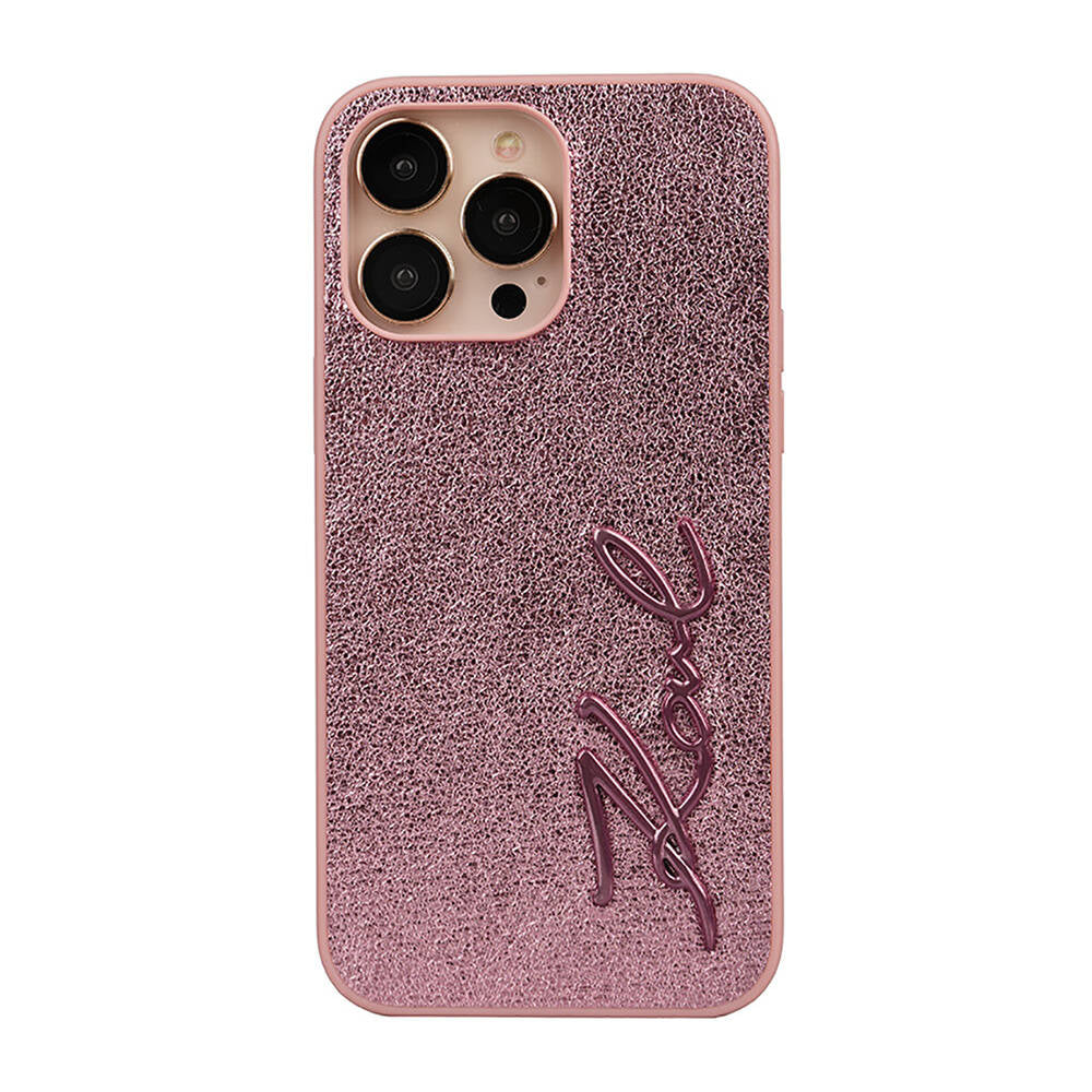 iPhone 14 Pro Max Kılıf Karl Lagerfeld Orjinal Lisanslı 3D KL Yazılı Tüylü Arka Yüzey Saffiano Rhinestones Kılıf Pembe