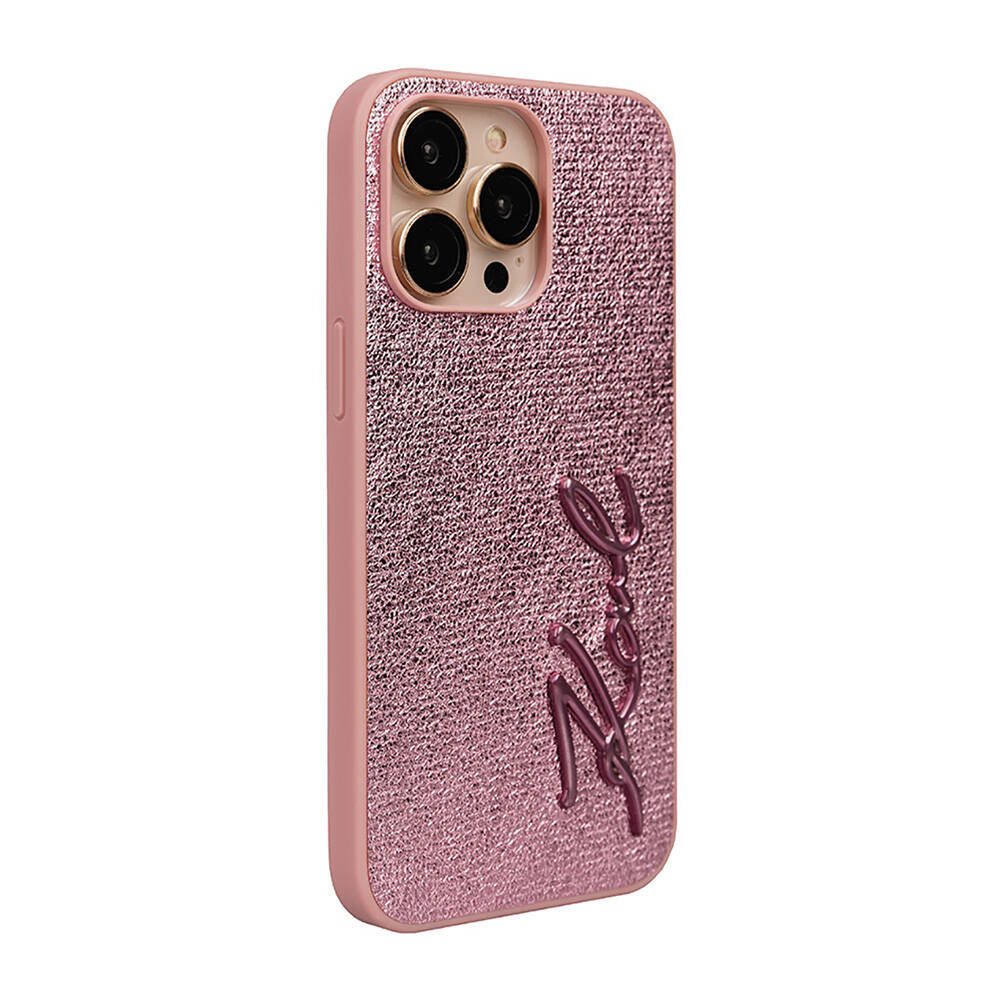 iPhone 14 Pro Max Kılıf Karl Lagerfeld Orjinal Lisanslı 3D KL Yazılı Tüylü Arka Yüzey Saffiano Rhinestones Kılıf Pembe