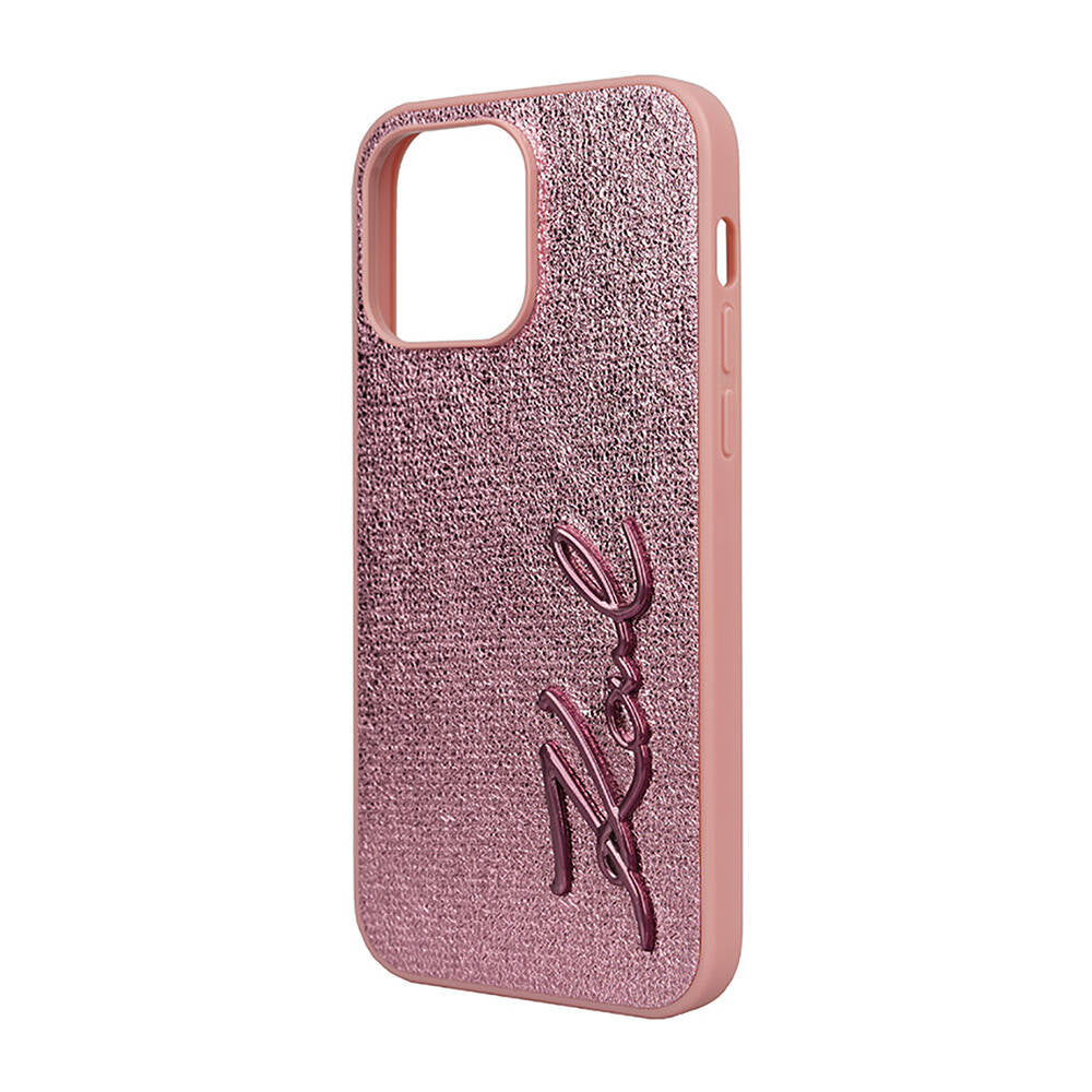iPhone 14 Pro Max Kılıf Karl Lagerfeld Orjinal Lisanslı 3D KL Yazılı Tüylü Arka Yüzey Saffiano Rhinestones Kılıf Gold