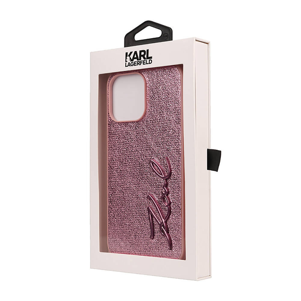 iPhone 14 Pro Max Kılıf Karl Lagerfeld Orjinal Lisanslı 3D KL Yazılı Tüylü Arka Yüzey Saffiano Rhinestones Kılıf Pembe