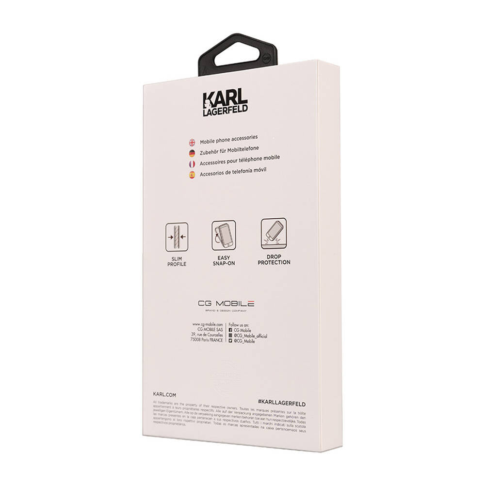 iPhone 14 Pro Max Kılıf Karl Lagerfeld Orjinal Lisanslı 3D KL Yazılı Tüylü Arka Yüzey Saffiano Rhinestones Kılıf Pembe