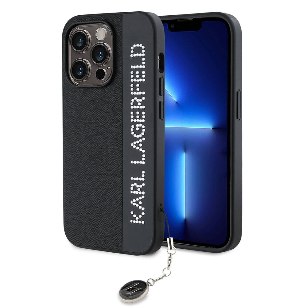 iPhone 14 Pro Max Kılıf Karl Lagerfeld Orjinal Lisanslı Anahtarlıklı Taşlı KL Yazılı Saffiano Rhinestones Kılıf Siyah
