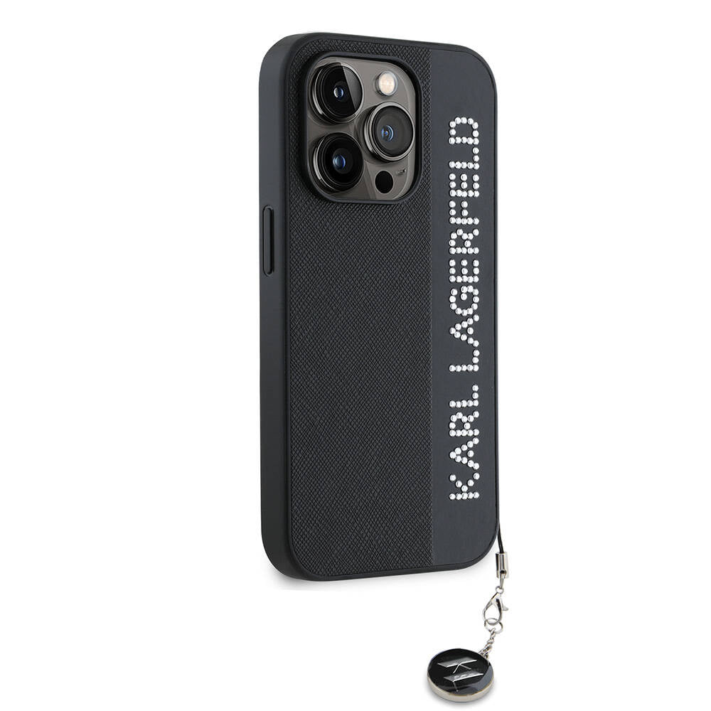 iPhone 14 Pro Max Kılıf Karl Lagerfeld Orjinal Lisanslı Anahtarlıklı Taşlı KL Yazılı Saffiano Rhinestones Kılıf Pembe