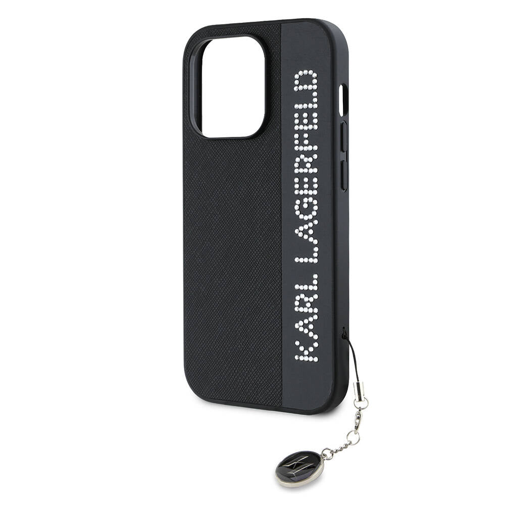 iPhone 14 Pro Max Kılıf Karl Lagerfeld Orjinal Lisanslı Anahtarlıklı Taşlı KL Yazılı Saffiano Rhinestones Kılıf Pembe
