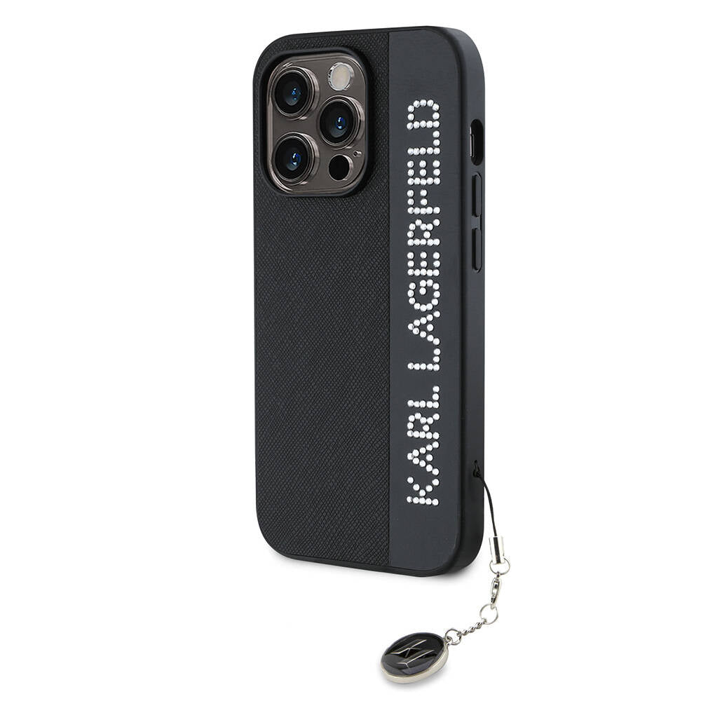iPhone 14 Pro Max Kılıf Karl Lagerfeld Orjinal Lisanslı Anahtarlıklı Taşlı KL Yazılı Saffiano Rhinestones Kılıf Pembe