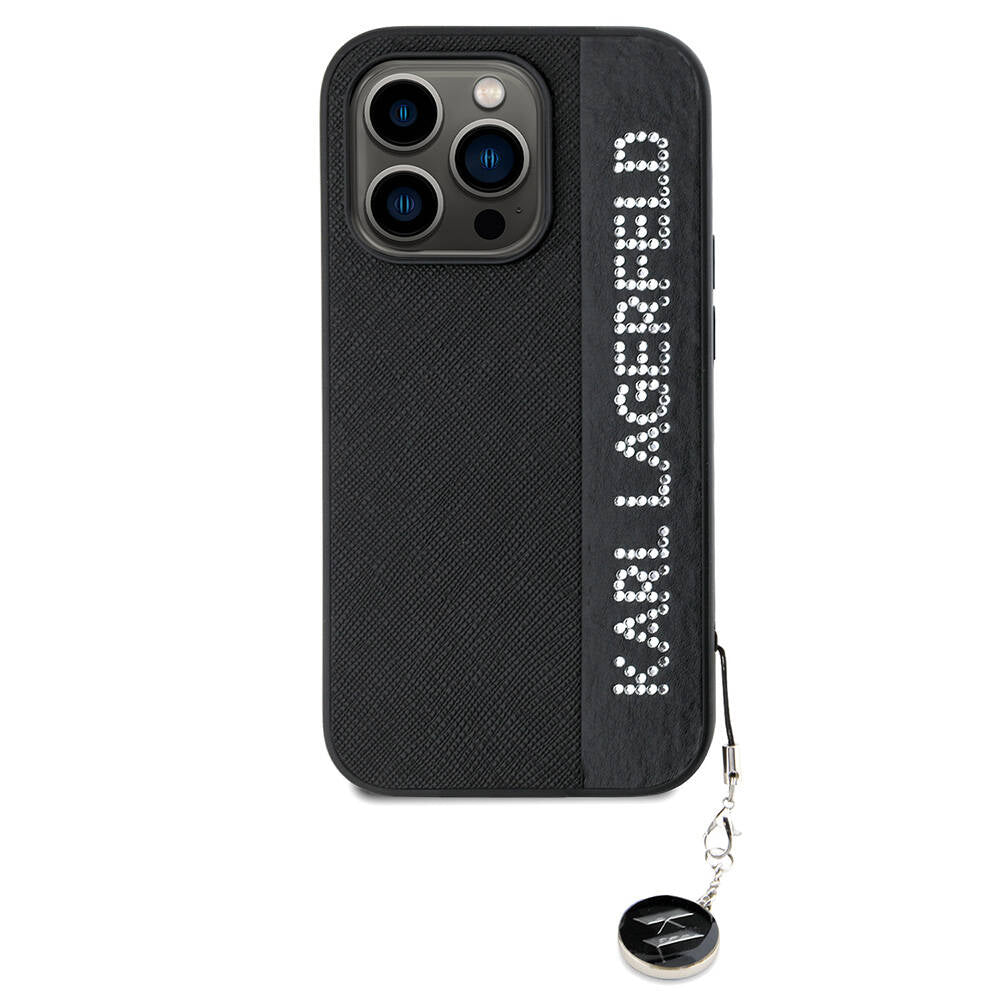 iPhone 14 Pro Max Kılıf Karl Lagerfeld Orjinal Lisanslı Anahtarlıklı Taşlı KL Yazılı Saffiano Rhinestones Kılıf Pembe