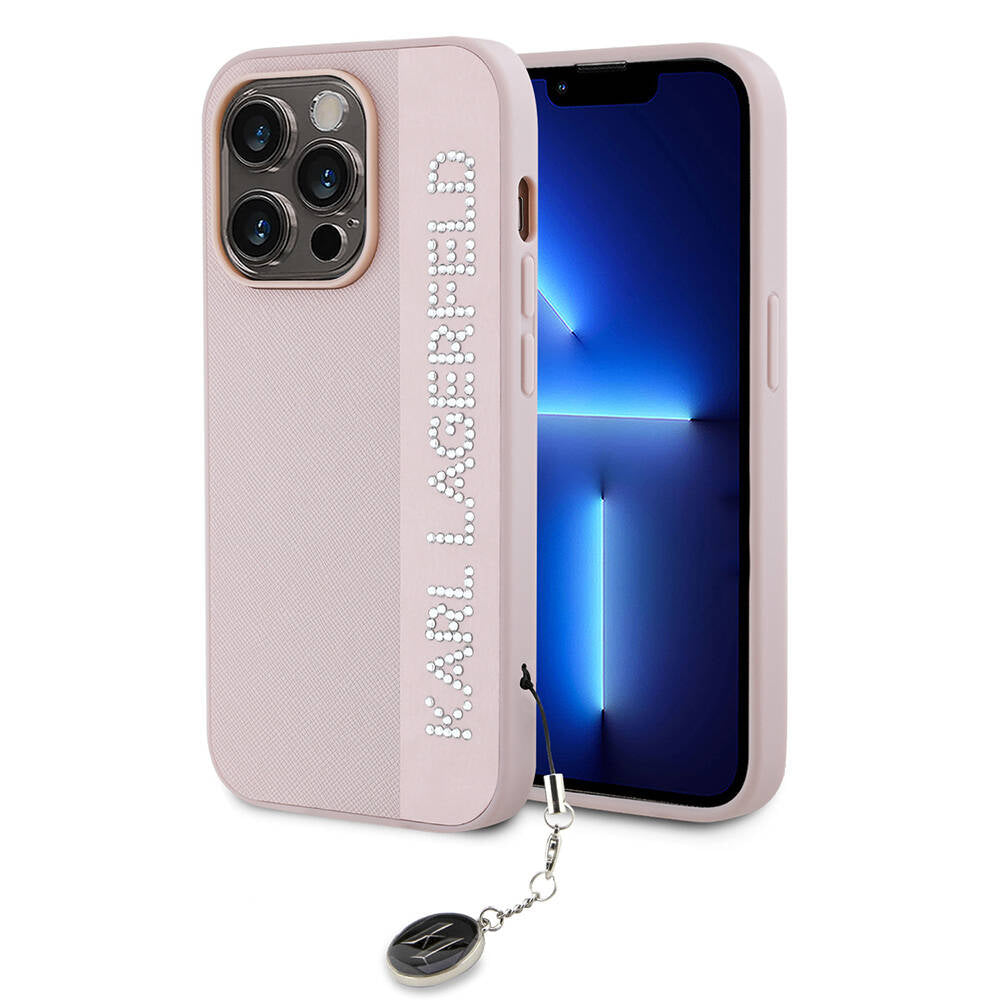 iPhone 14 Pro Max Kılıf Karl Lagerfeld Orjinal Lisanslı Anahtarlıklı Taşlı KL Yazılı Saffiano Rhinestones Kılıf Pembe