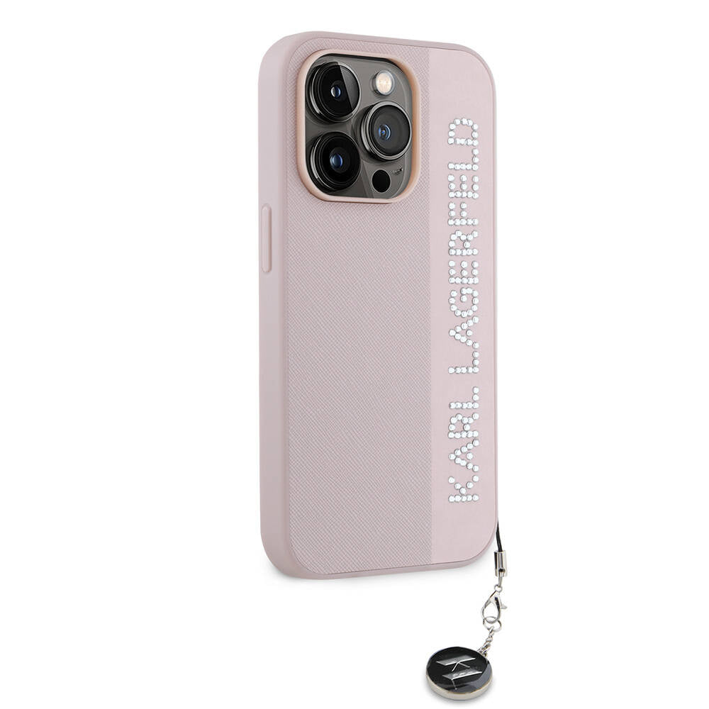 iPhone 14 Pro Max Kılıf Karl Lagerfeld Orjinal Lisanslı Anahtarlıklı Taşlı KL Yazılı Saffiano Rhinestones Kılıf Pembe