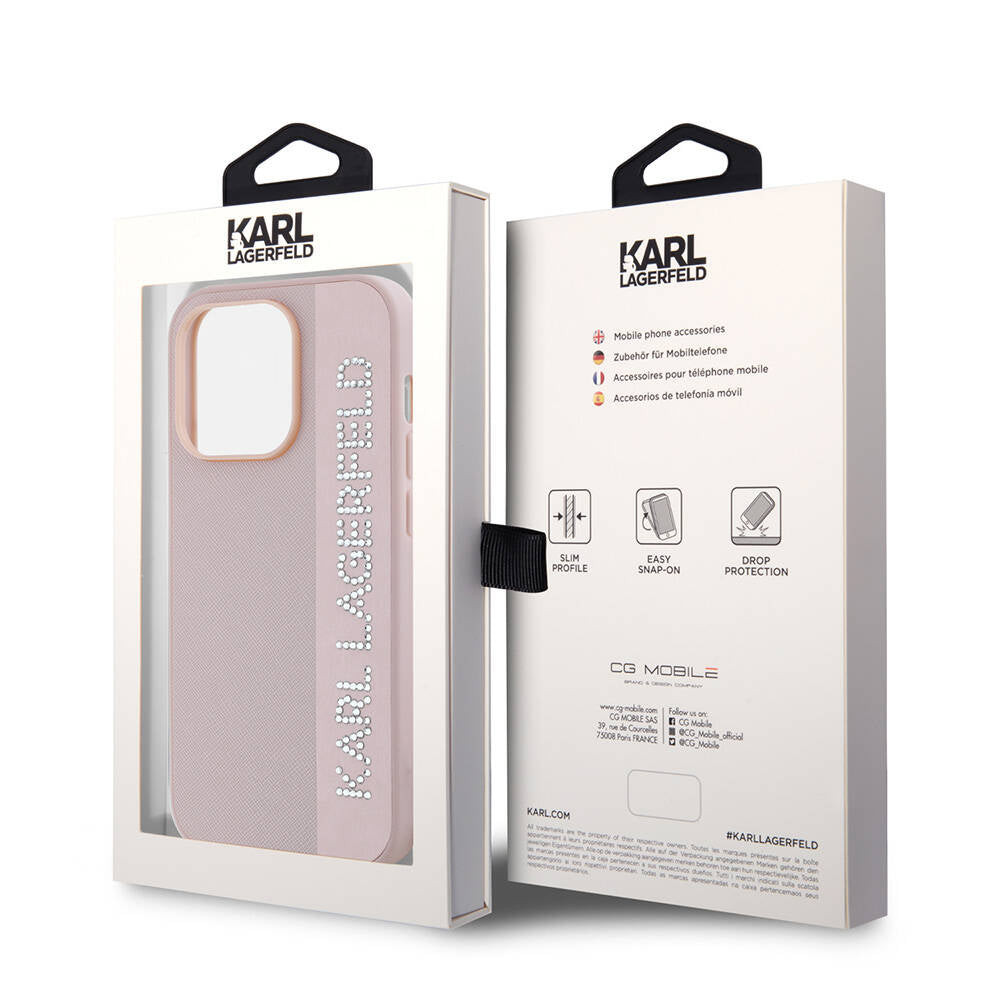 iPhone 14 Pro Max Kılıf Karl Lagerfeld Orjinal Lisanslı Anahtarlıklı Taşlı KL Yazılı Saffiano Rhinestones Kılıf Pembe