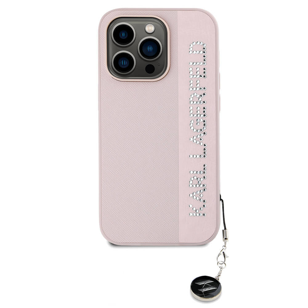 iPhone 14 Pro Max Kılıf Karl Lagerfeld Orjinal Lisanslı Anahtarlıklı Taşlı KL Yazılı Saffiano Rhinestones Kılıf Pembe