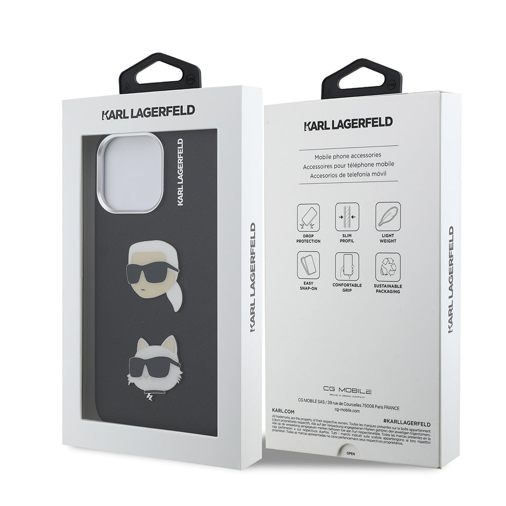 Apple iPhone 14 Pro Max Kılıf Karl Lagerfeld Orjinal Lisanslı K&C Heads Pin Kapak Siyah