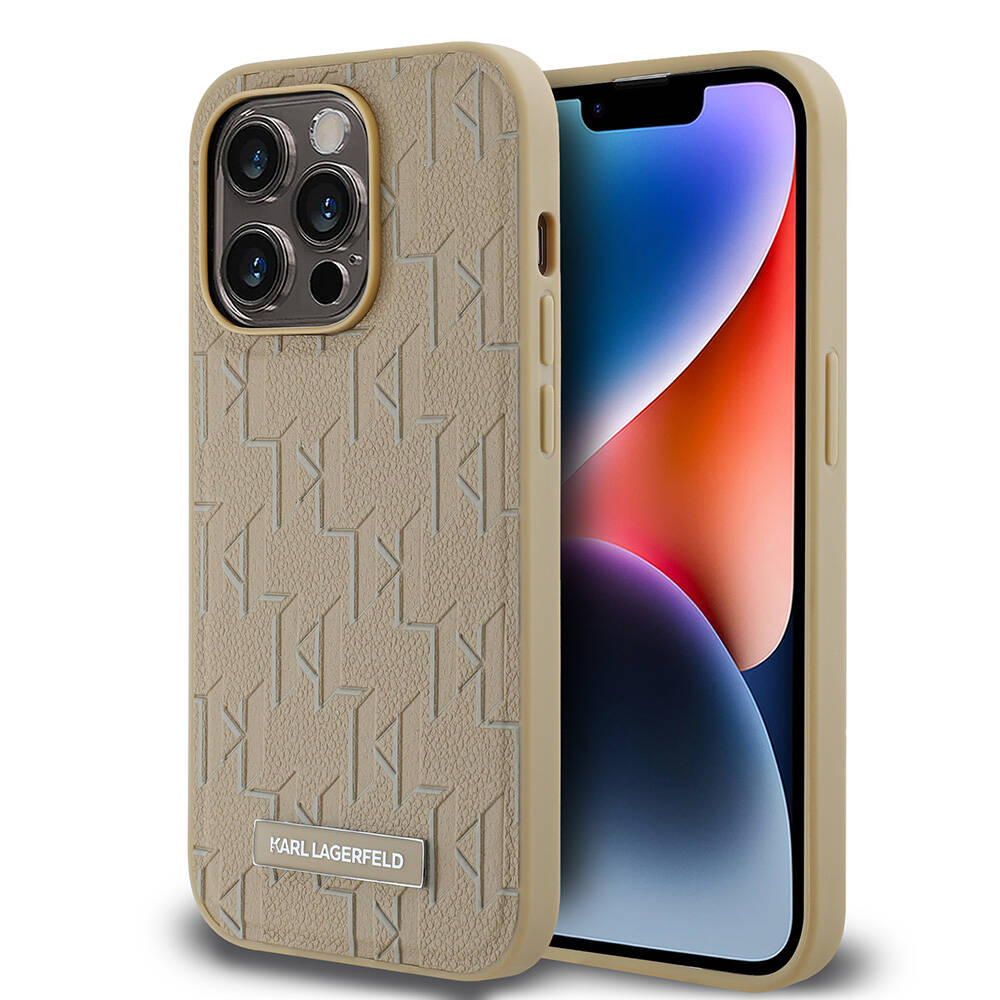 iPhone 14 Pro Max Kılıf Karl Lagerfeld Orjinal Lisanslı Magsafe Şarj Özellikli KL Yazılı Hot Stamp Kılıf Krem