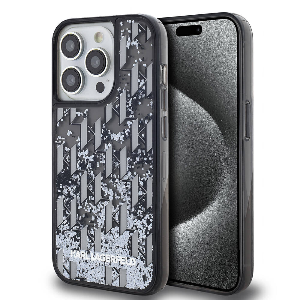 iPhone 14 Pro Max Kılıf Karl Lagerfeld Orjinal Lisanslı Simli KL Yazılı Monogram Gradıent Kılıf Siyah