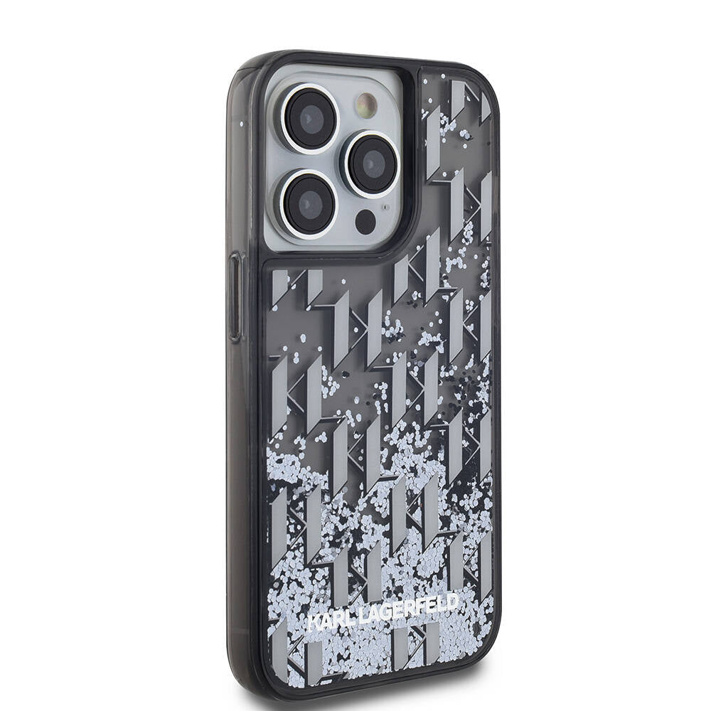 iPhone 14 Pro Max Kılıf Karl Lagerfeld Orjinal Lisanslı Simli KL Yazılı Monogram Gradıent Kılıf Siyah