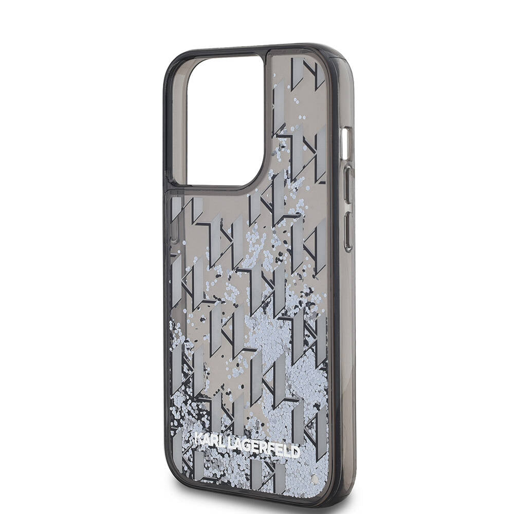 iPhone 14 Pro Max Kılıf Karl Lagerfeld Orjinal Lisanslı Simli KL Yazılı Monogram Gradıent Kılıf Siyah