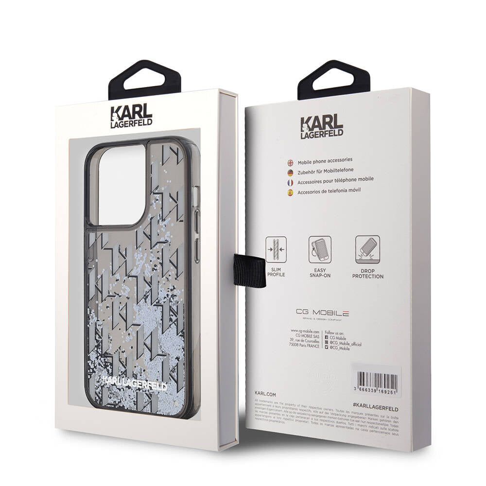 iPhone 14 Pro Max Kılıf Karl Lagerfeld Orjinal Lisanslı Simli KL Yazılı Monogram Gradıent Kılıf Siyah