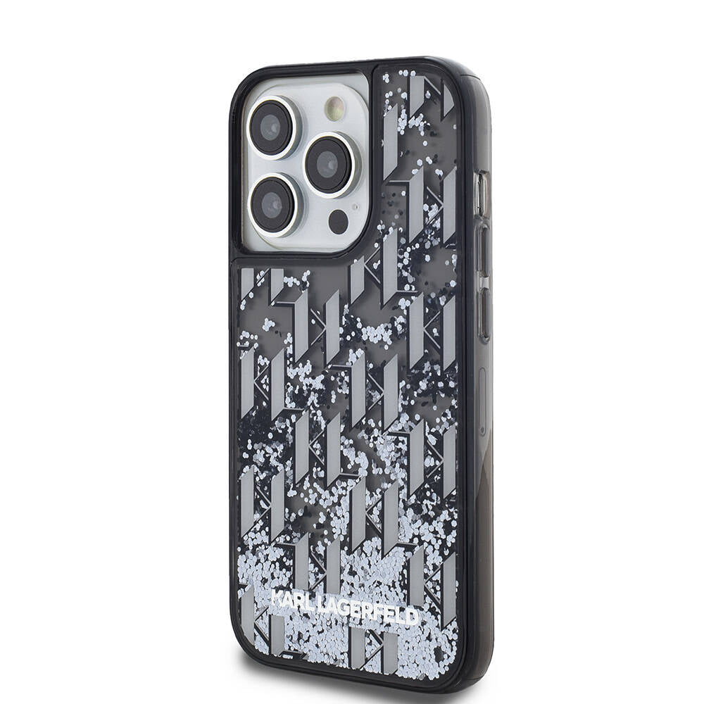 iPhone 14 Pro Max Kılıf Karl Lagerfeld Orjinal Lisanslı Simli KL Yazılı Monogram Gradıent Kılıf Siyah