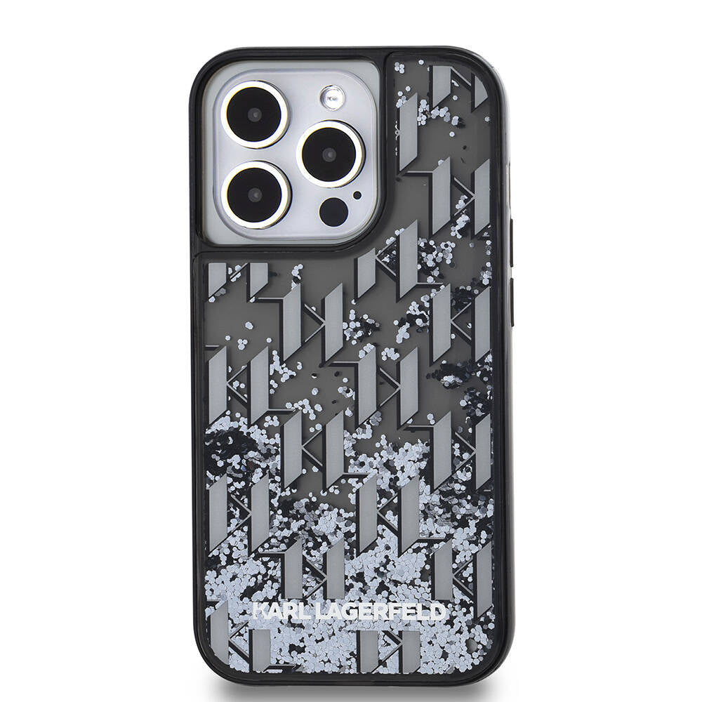 iPhone 14 Pro Max Kılıf Karl Lagerfeld Orjinal Lisanslı Simli KL Yazılı Monogram Gradıent Kılıf Siyah