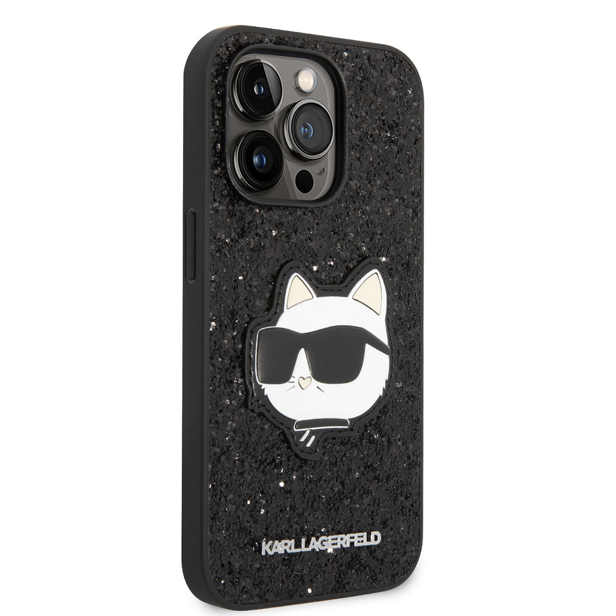 iPhone 14 Pro Max Kılıf Karl Lagerfeld Parlak Taşlı Choupette Dizayn Kılıf Siyah