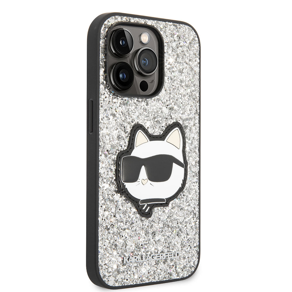 iPhone 14 Pro Max Kılıf Karl Lagerfeld Parlak Taşlı Choupette Dizayn Kılıf Gümüş