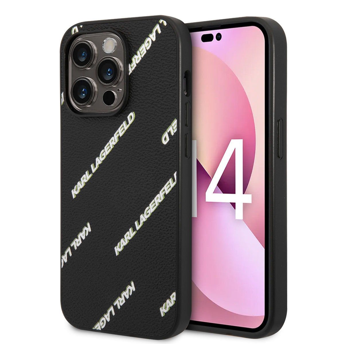 iPhone 14 Pro Max Kılıf Karl Lagerfeld PU Suni Deri Logolu Dizayn Kılıf Siyah