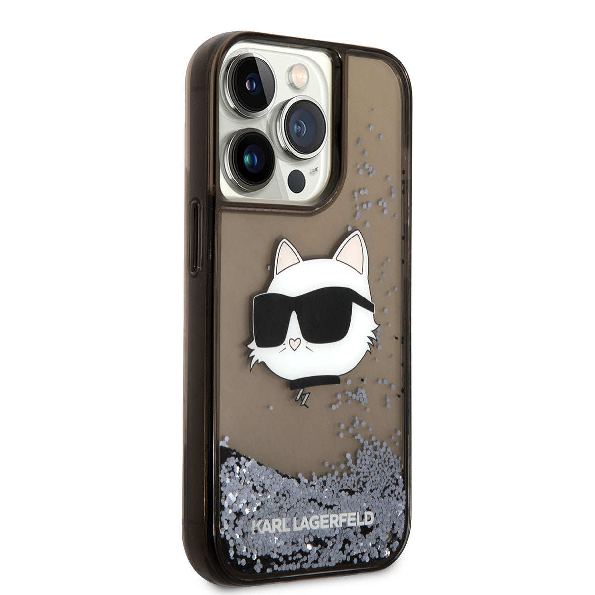 iPhone 14 Pro Max Kılıf Karl Lagerfeld Sıvılı Simli Choupette Head Dizayn Kılıf Siyah