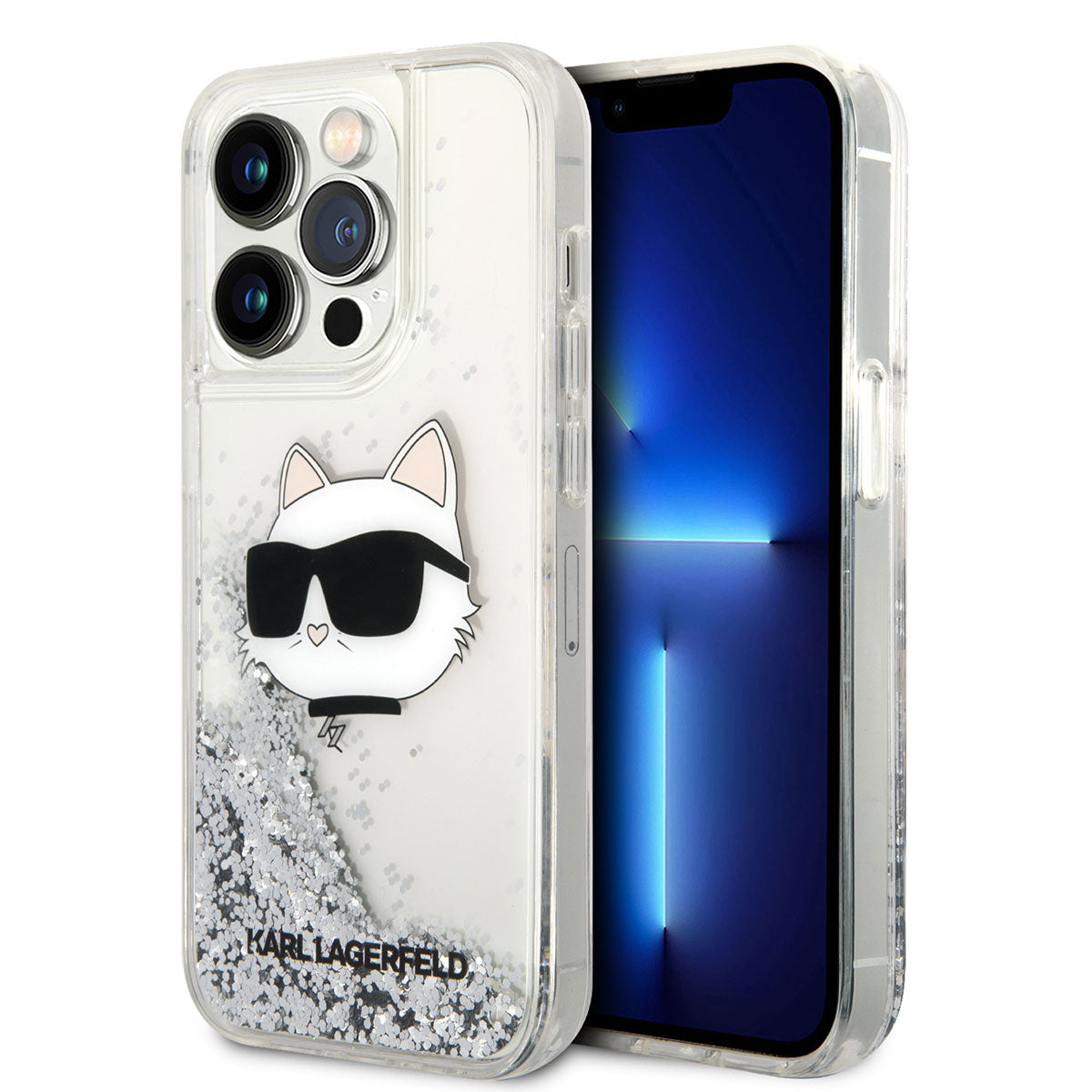 iPhone 14 Pro Max Kılıf Karl Lagerfeld Sıvılı Simli Choupette Head Dizayn Kılıf Pembe