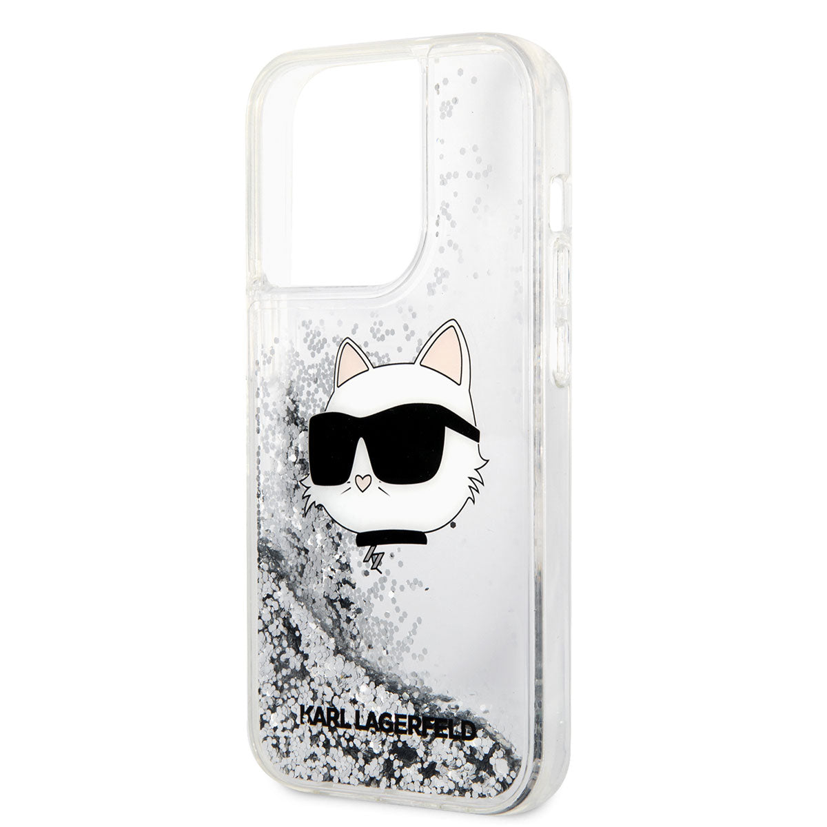 iPhone 14 Pro Max Kılıf Karl Lagerfeld Sıvılı Simli Choupette Head Dizayn Kılıf Gümüş