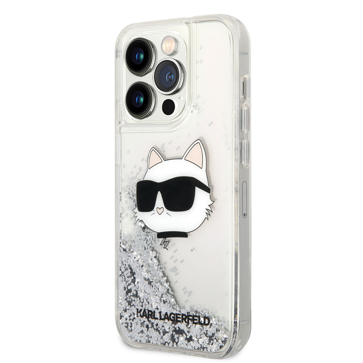 iPhone 14 Pro Max Kılıf Karl Lagerfeld Sıvılı Simli Choupette Head Dizayn Kılıf Gümüş