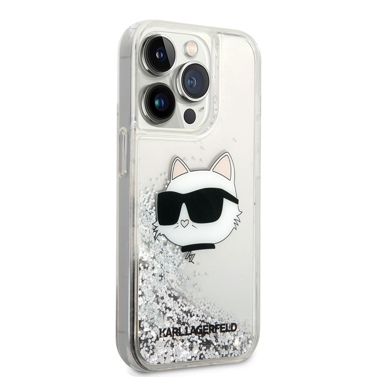 iPhone 14 Pro Max Kılıf Karl Lagerfeld Sıvılı Simli Choupette Head Dizayn Kılıf Gümüş